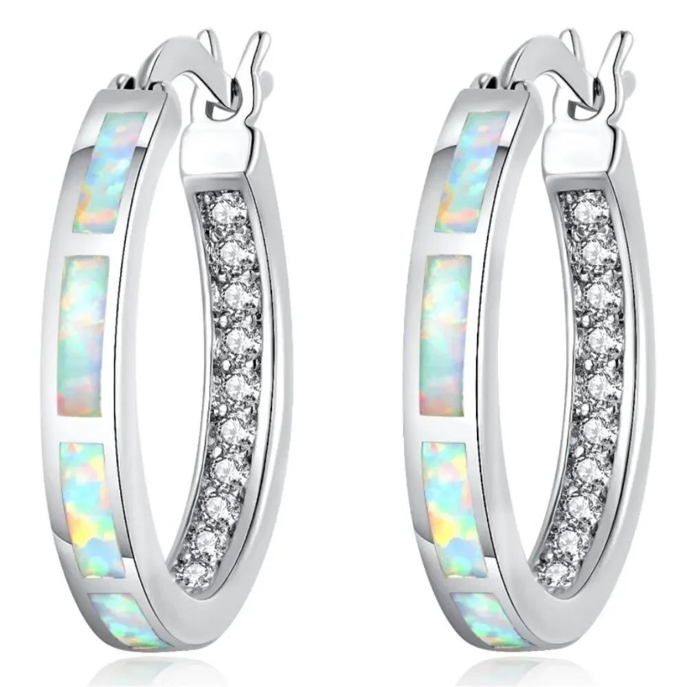 14K White Gold with Genuine White Fire Opal and Diamond CZ Round Hoop Earrings